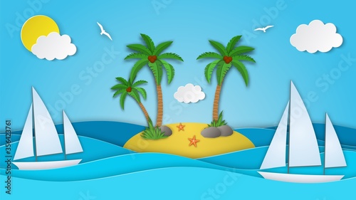 Sailboat in the sea. Sun, clouds. Paper cut illustration for advertising, travel, tourism, cruises, travel agency. island with palm and coconut. Vector illustration