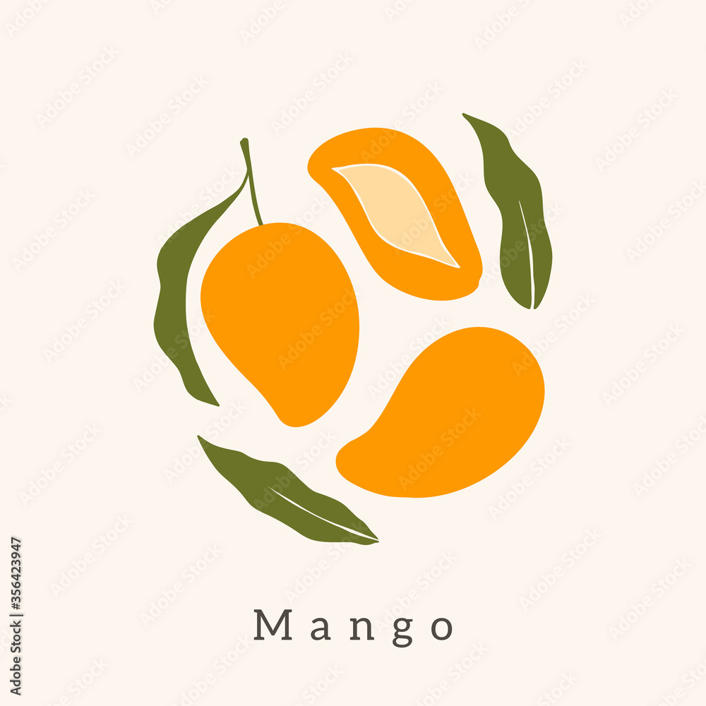 Stylish Mango vector design. Contemporary art print. Abstract hand drawn mango fruit and leaves for postcards, print, posters, covers, etc.