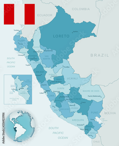 Blue-green detailed map of Peru administrative divisions with country flag and location on the globe.