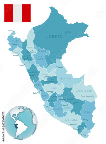 Peru administrative blue-green map with country flag and location on a globe.