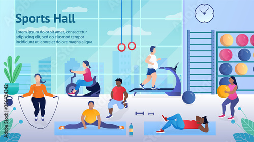 Fat people work out in the gym to lose weight. Men and women are working hard and improving their shape. Fighting obesity. They run on the treadmill jump on a skipping rope. Flat Vector Illustration