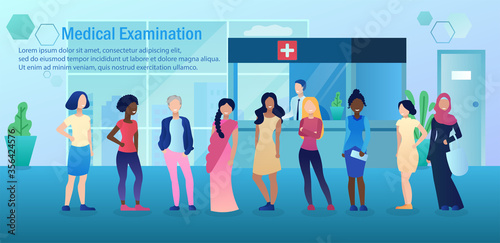 Collection of Pretty Women of different races and nations are in the hospital. The reception room interior. Preventive Medical examination. Flat Cartoon Vector Illustration. With place for text.
