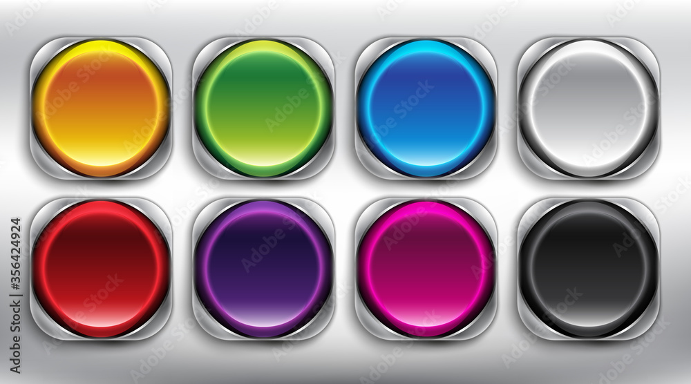 Collection of 8 web buttons. Round plastic web buttons with square metallic frame. Vector illustration. Eps10. Collection of 8 web buttons. Round plastic web buttons with square metallic frame. Vector illustration. Eps10.