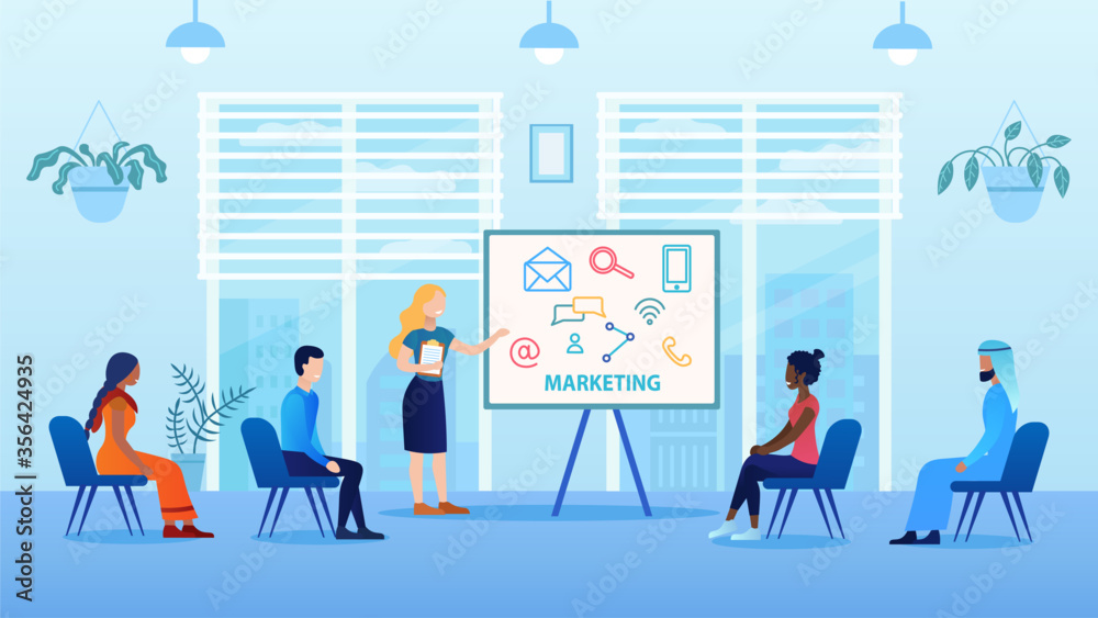 A multicultural group is studying marketing. Access education from around the world online. The quality of new education. Business training. Flat cartoon vector illustration. Can be banner or header