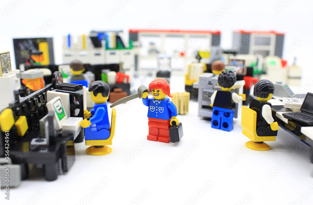 HONG KONG,MARCH 22: Studio shot of Lego people in office, combine from  different set. Legos are a popular line of plastic construction toys  manufactured by The Lego Group in Denmark foto de