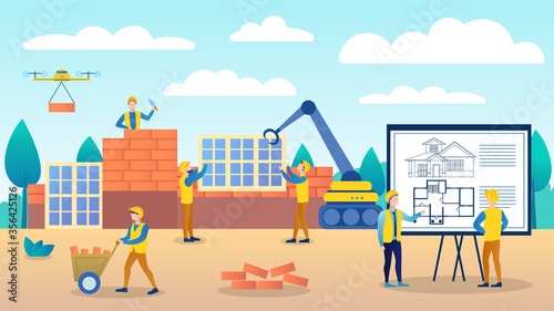 Engineers are considering a house construction plan. The construction manager reports to the senior manager. Employees try to keep up with the schedule. Vector flat cartoon illustration