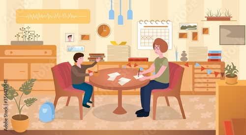Mother teaches her son. Helps with homework. Family spend time with benefits. Maternal responsibilities. Housewife. Responsible classes with children. Vector illustration in cartoon flat style.