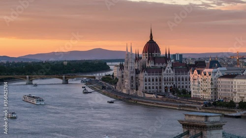 Time lapse with amazing view of Budapest with Parliament building, Chain bridge and Danube river at sunset