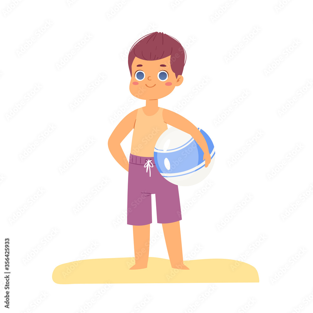 Cute cartoon little boy have fun and jumping on the beach with inflatable rubber circle on vacation. Happy kid having fun in the summer time, swimming pool party. Vector illustration Cute cartoon little boy have fun and jumping on the beach with inflatable rubber circle on vacation. Happy kid having fun in the summer time, swimming pool party. Vector illustration