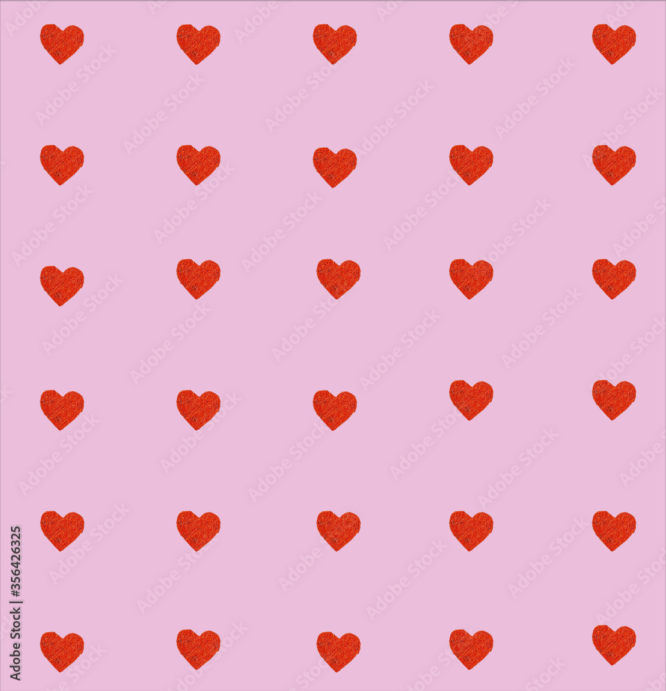 Pink background with evenly spaced hearts. Smooth background with textured hearts for packaging.