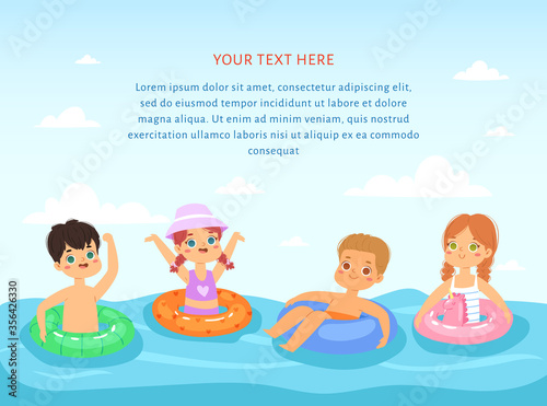 Multinational children have fun and in the water. Little girls with inflatable rubber circles swimming in the sea. Happy kids in the summer time. Template for brochure, banner with place for text