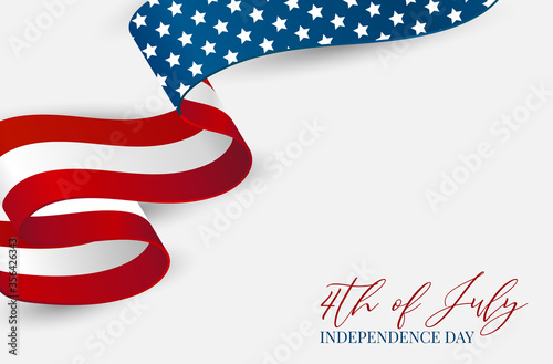 4th of July banner background. Waving USA national flag ribbon. Realistic vector illustration.