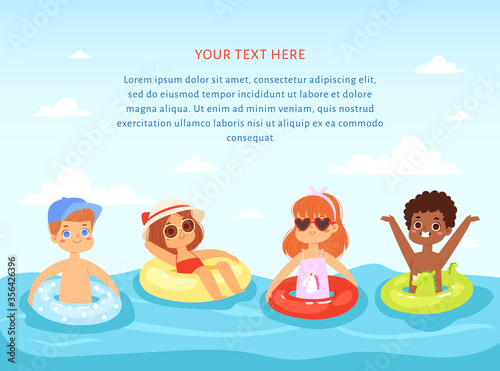 Multinational children have fun and in the water. Little girls with inflatable rubber circles swimming in the sea. Happy kids in the summer time. Template for brochure, banner with place for text