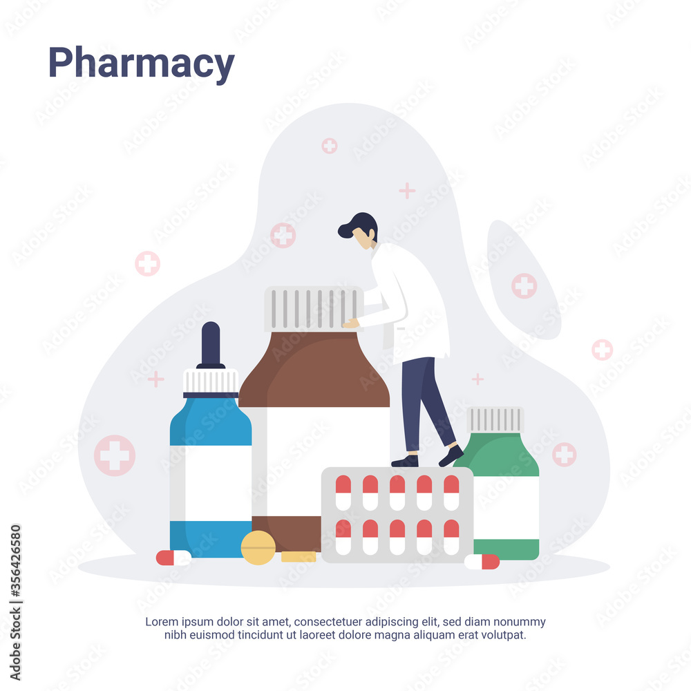 Pharmacy concept with Doctor character in flat design Pharmacy concept with Doctor character in flat design