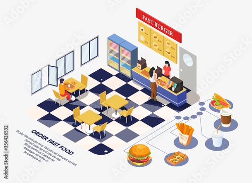 Fast food restaurant interior. The ordering process. Man sitting at the table, restaurant staff serve the customer. With space for text. Vector illustration isolated on white background