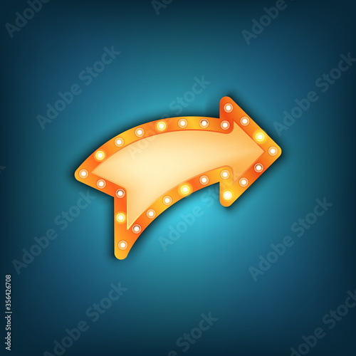 Arrow marquee vector sign. Light casino, motel, hotel, circus frame. Neon vintage sign shape. Lightbulb collection. Retro light borders. Old style advertising signboard, button, banner. 