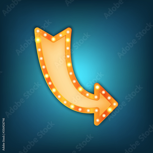 Arrow marquee vector sign. Light casino, motel, hotel, circus frame. Neon vintage sign shape. Lightbulb collection. Retro light borders. Old style advertising signboard, button, banner. 