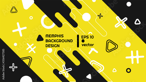 Modern background design with different geometric elements, designed in memphis style with black and yellow colors, trendy landing page. Dynamic horizontal pattern and texture. Eps 10 vector