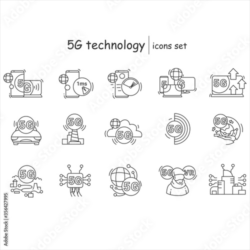 5G icons set. Broadband internet of things signs. Digital web connection and 5th generation of internet technology concept. Smart city, cloud computing and network element. Outline vector illustration