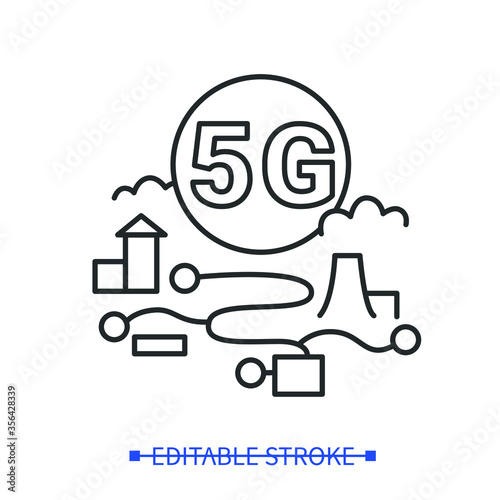5G road map sign. Modern wireless navigation system icon. 5th generation internet GPS technology concept. Wireless telecommunication and web networking. Outline vector illustration.Editable stroke
