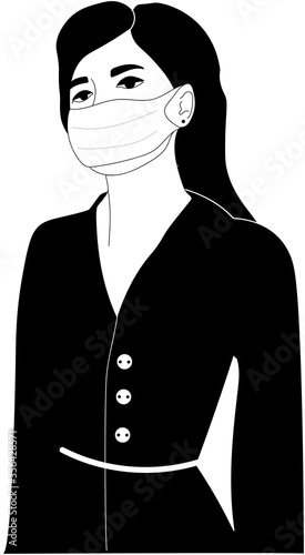 Pretty girl in surgical face mask posing on white background. Cartoon