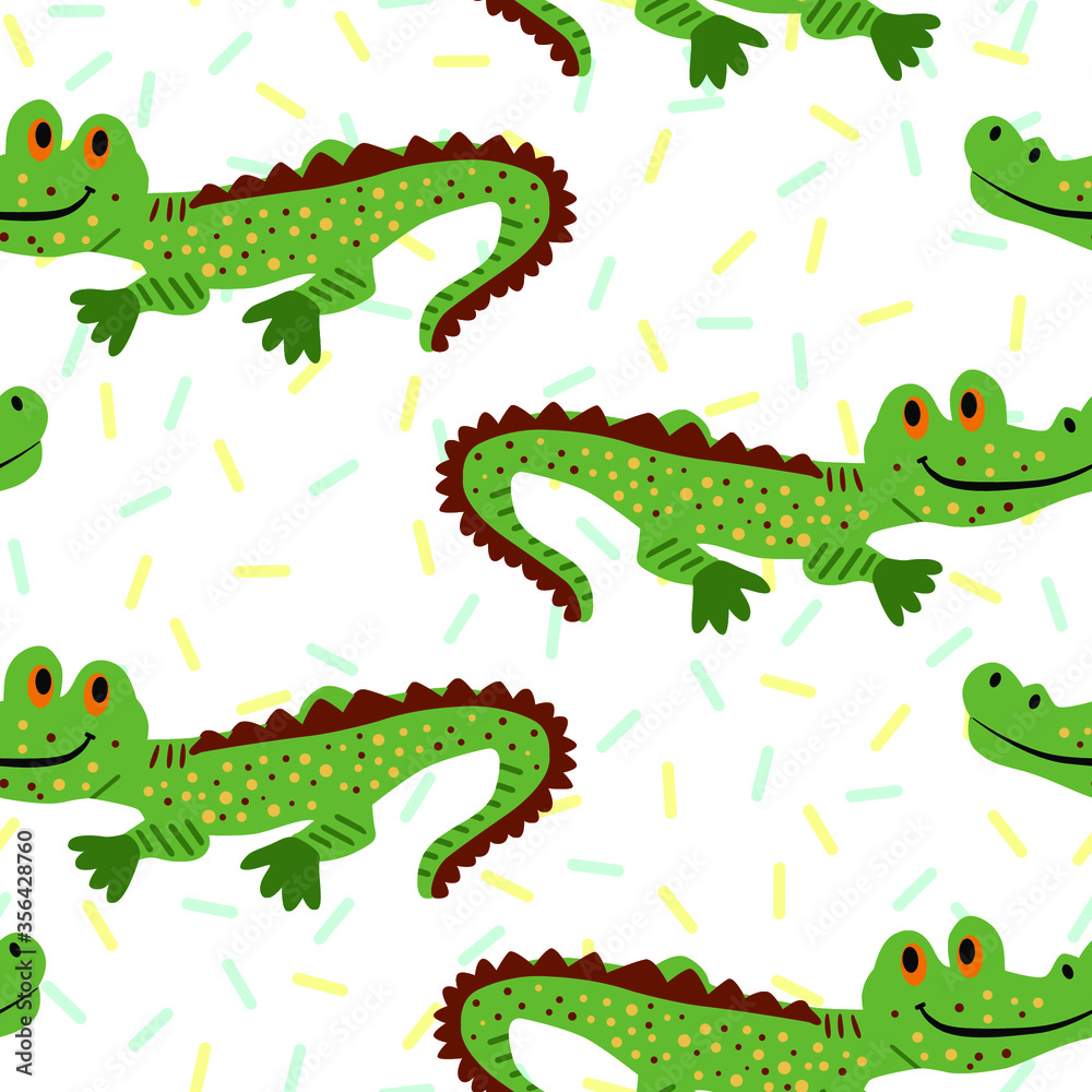 Fototapeta premium Seamless pattern in cute hand drawn style with crocodiles. Vector stock background for kids design.