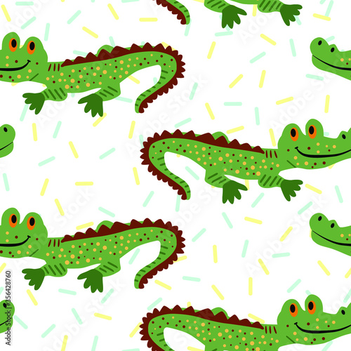 Seamless pattern in cute hand drawn style with crocodiles. Vector stock background for kids design.