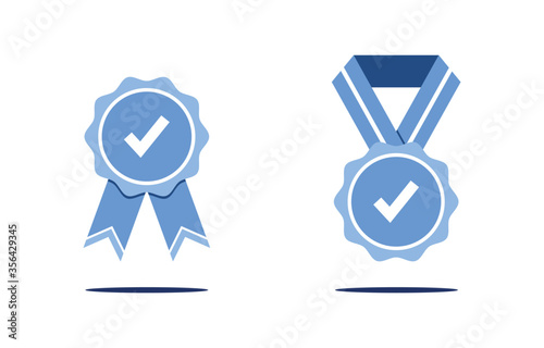 Vector illustration of set of awards. Approved medal or certified. First place icon, victory. Medal with ribbon and medallion on the neck. Checkmark, confirmation. Good result. Blue and White. Eps 10