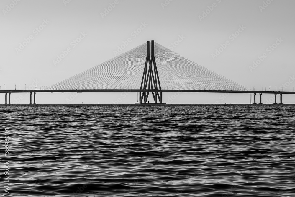 An evening by the beach: Bandra Worli Sea Link, Mumbai View during Sunset, Black and White, Noir