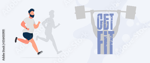 Get Fit banner. Fat man is running. The shadow of a thin man. Cardio workout, weight loss. The concept of weight loss and a healthy lifestyle. Vector.