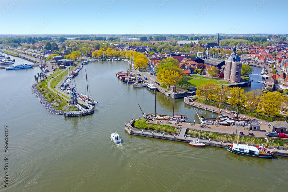 Aerial from the harbor and city Enkhuizen in the Netherlands