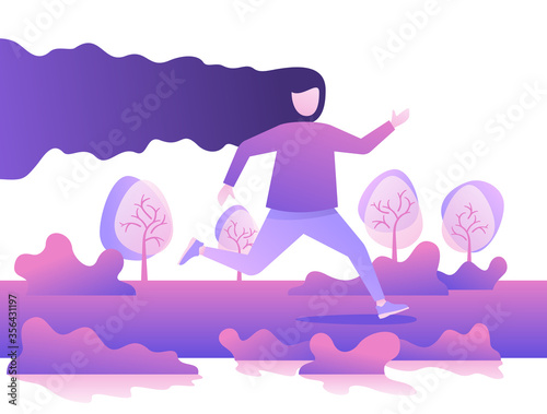 Morning jog losing weight fitness concept  - young funny cartoon woman running through park lanscape - isolated thematical illustration