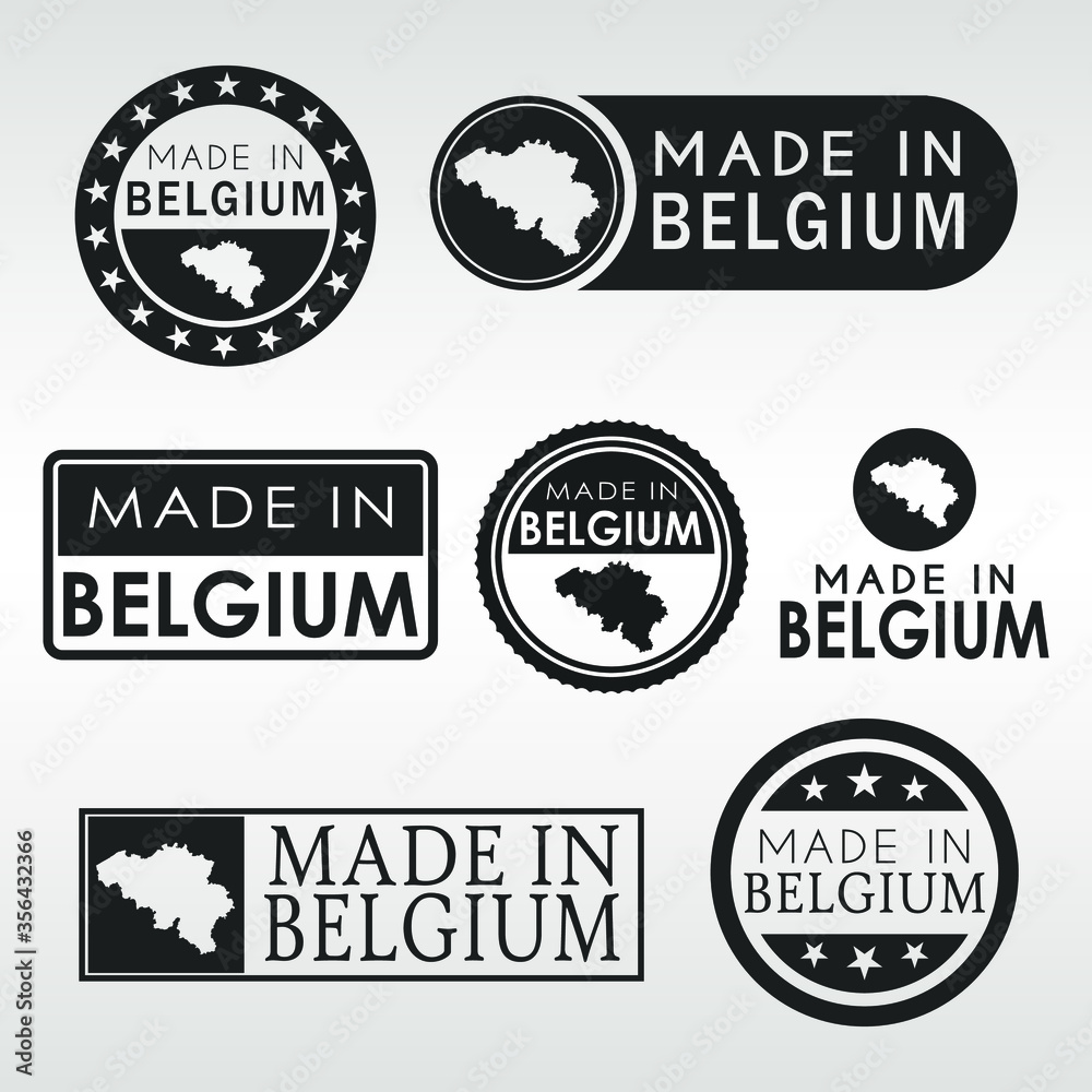 Obraz premium Stamps of Made in Belgium Set. Belgian Product Emblem Design. Export Vector Map.