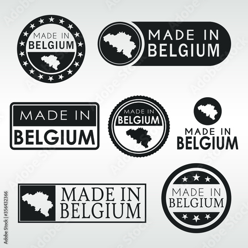 Stamps of Made in Belgium Set. Belgian Product Emblem Design. Export Vector Map.