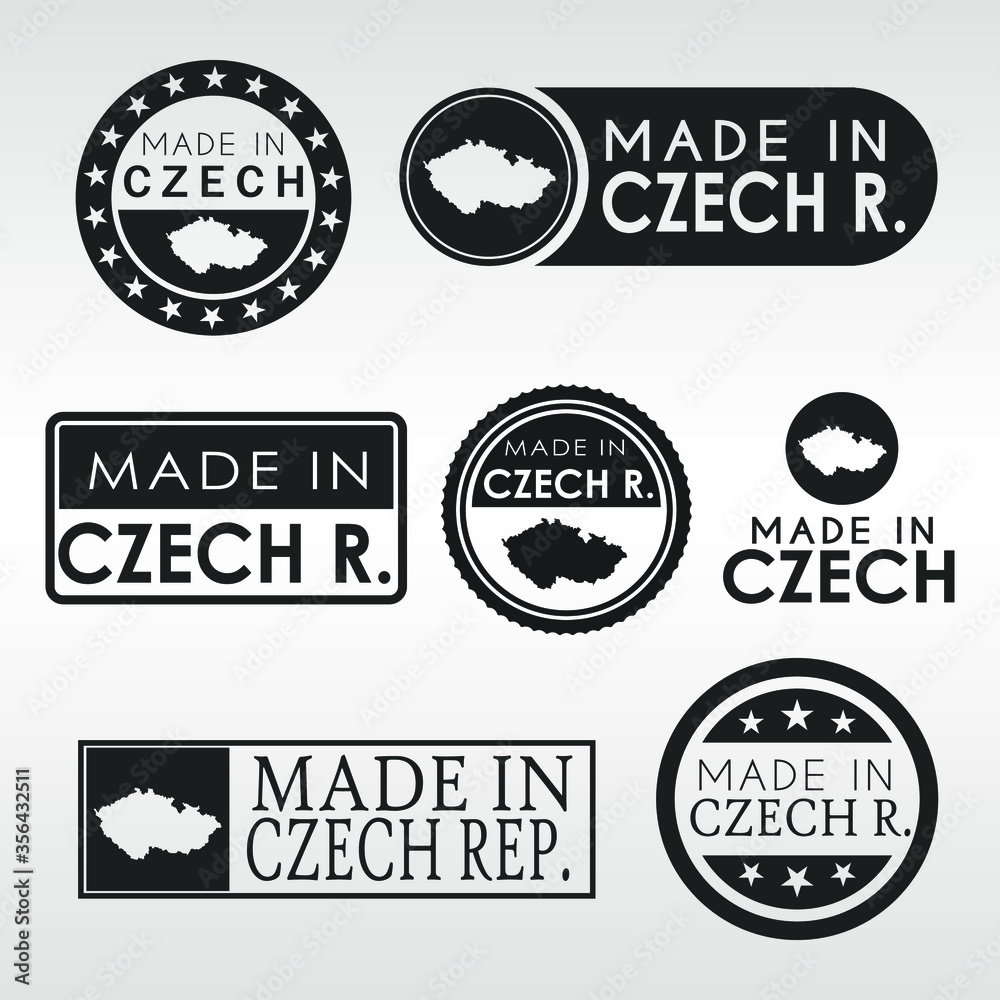 Stamps of Made in Czech Republic Set. Czechia Product Emblem Design. Export Vector Map. Stamps of Made in Czech Republic Set. Czechia Product Emblem Design. Export Vector Map.