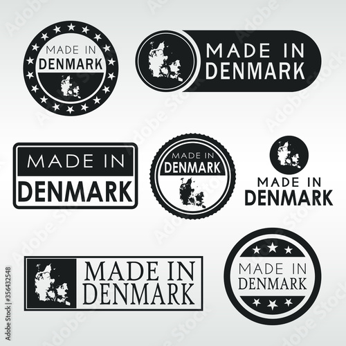 Stamps of Made in Denmark Set. Danish Product Emblem Design. Export Vector Map.