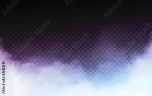 Realistic isolated smoke or fog effect. With light blue and purple neon backlight Suitable for different decoration. On a black transparent background. Vector Illustration EPS 10