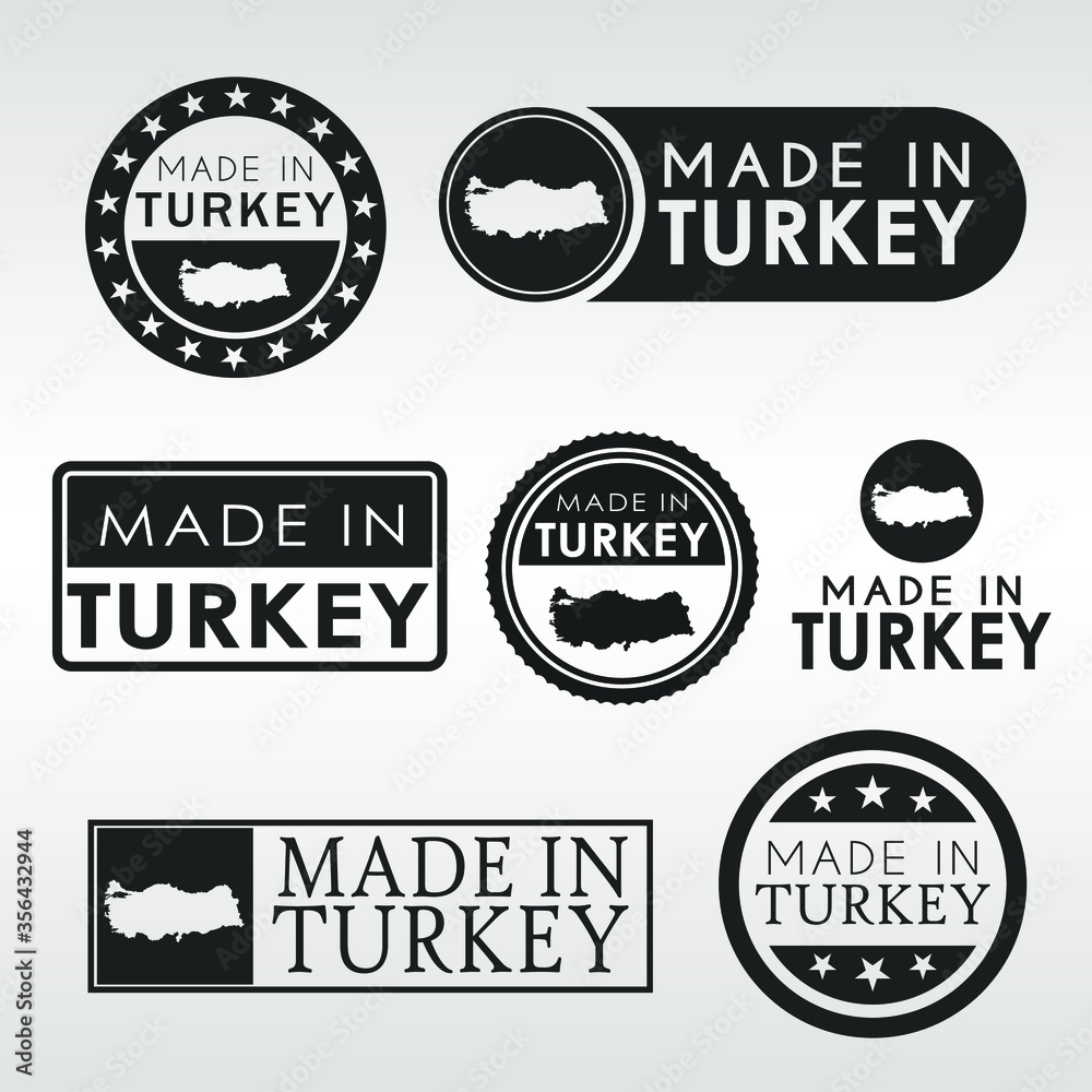 Stamps of Made in Turkey Set. Turkish Product Emblem Design. Export Vector Map.