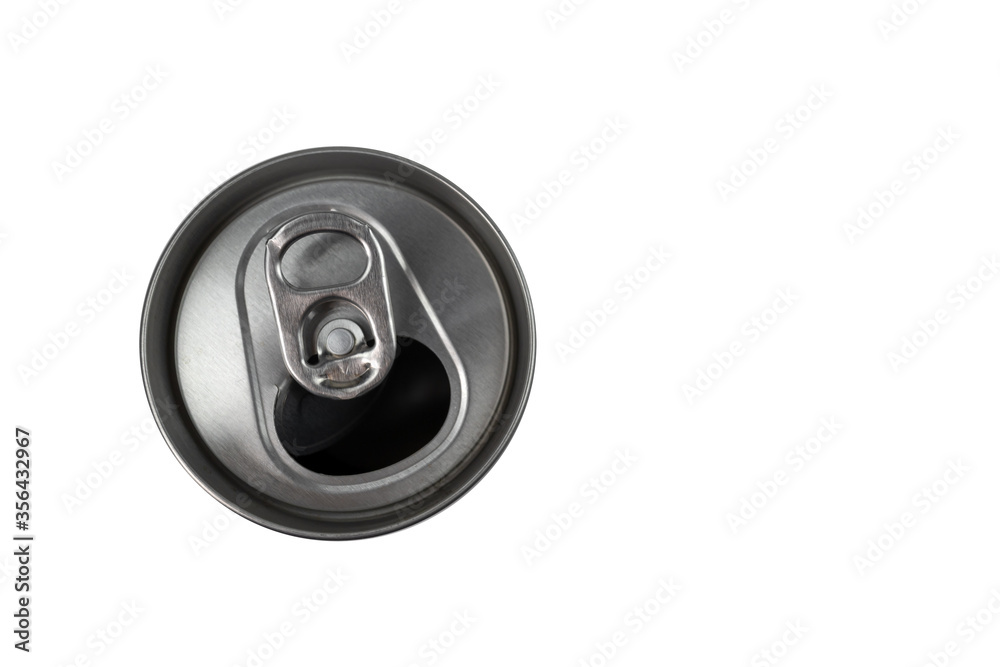 Top view opened aluminum can on white background and copy space. Top view opened aluminum can on white background and copy space.