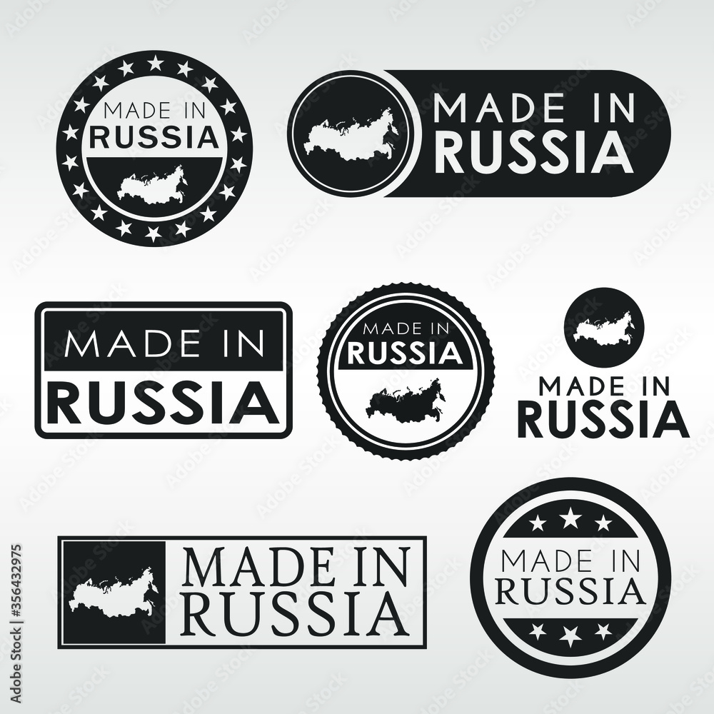 Stamps of Made in Russia Set. Russian Product Emblem Design. Export Vector Map.