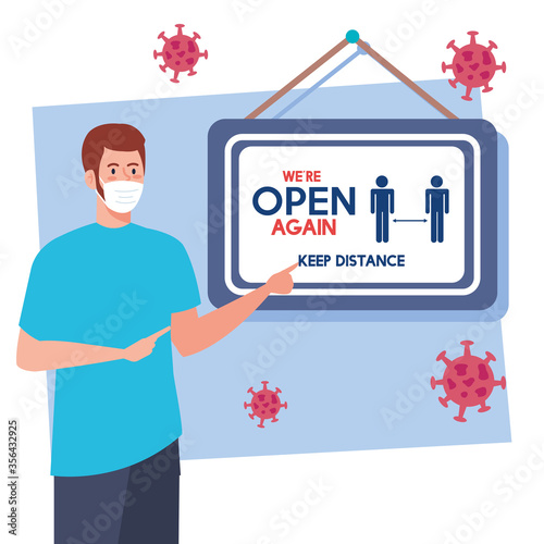open again after quarantine, man with owner welcoming customer, reopening of shop, we are open again, keep distance vector illustration design