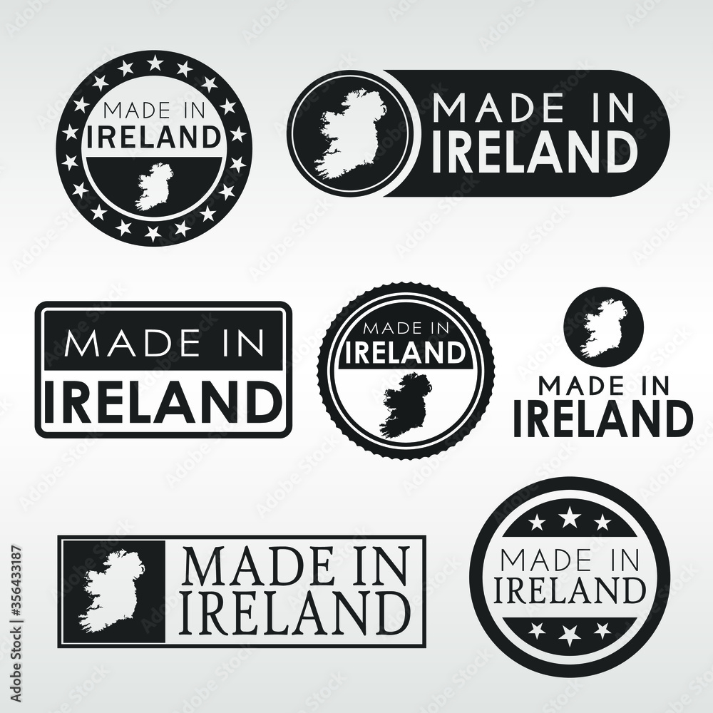 Obraz premium Stamps of Made in Ireland Set. Irish Product Emblem Design. Export Vector Map.