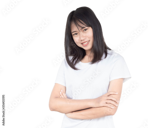 Young beautiful asian woman wearing T-shirt isolated on white background, happy face smiling with crossed arms looking at the camera. © mraoraor