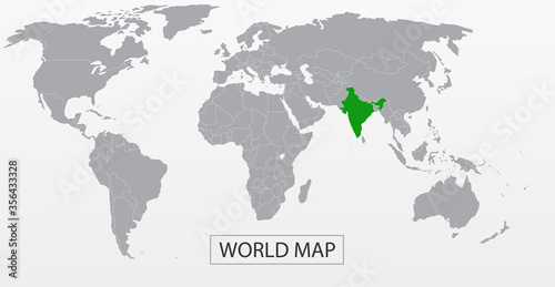 Political Vector Map of the world with clear borders with highlighted India. Each country is isolated and selectable. Suitable for reports  statistics  infographics  templates. Silhouette backd