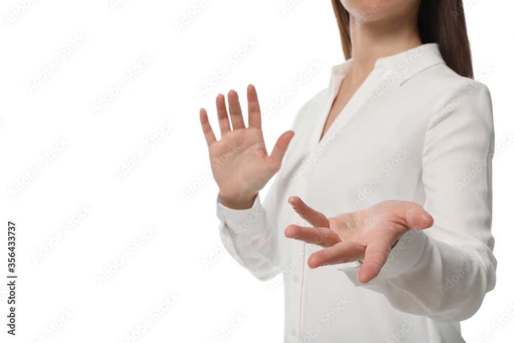 Fototapeta premium Businesswoman holding something on white background, closeup