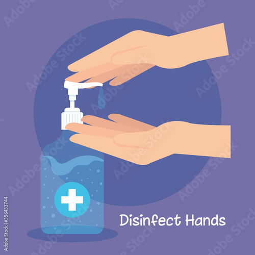 hand sanitizer pump bottle, washing gel, self protect from covid 19, disinfect hands concept vector illustration design