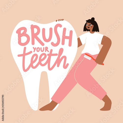 Vector illustration with huge healthy white tooth and happy dancing woman hug it with toothbrush. Brush your teeth. Trendy flat style dental health and mouth hygiene concept typography poster design