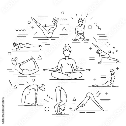 Yoga web banner. Different yoga poses and asanas. Infographics with linear icons on white background. Creative idea concept. Isolated outline black illustration.