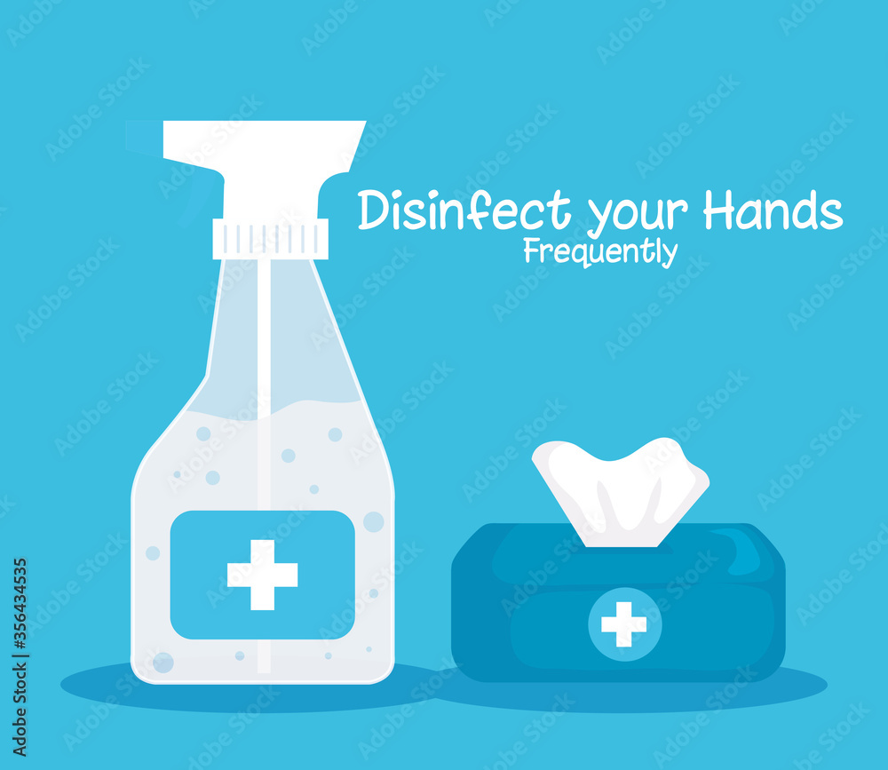 coronavirus protection, bottle disinfectant in spray with box tissue, protect covid 19 vector illustration design coronavirus protection, bottle disinfectant in spray with box tissue, protect covid 19 vector illustration design
