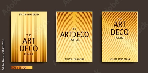 Stylized art-deco placards set. Modern A4 brochure template. Trendy geometric linear composition with golden gradient. Vector poster